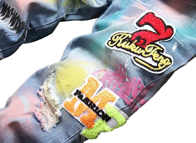 Enrica Men's Ripped Straight Slim Moto Biker Jeans