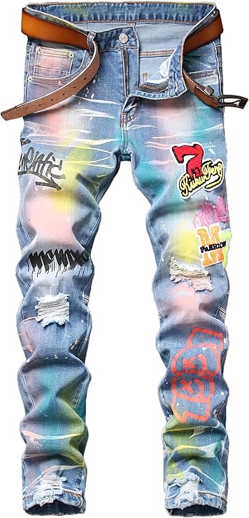 Enrica Men's Ripped Straight Slim Moto Biker Jeans