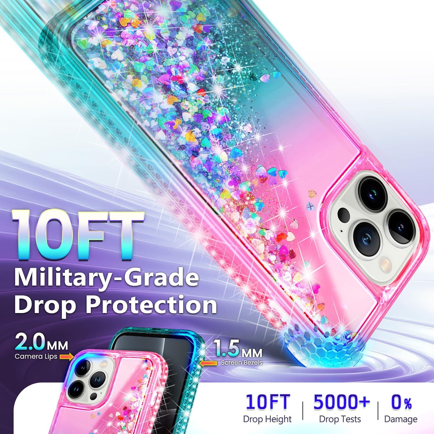 NGB Designed for iPhone 11 Phone Case, Pink/Aqua | Glitter Liquid Sparkle Cute Cover for Women Girls Kids | with Tempered Glass Screen Protector & Ring Holder & Wrist Strap