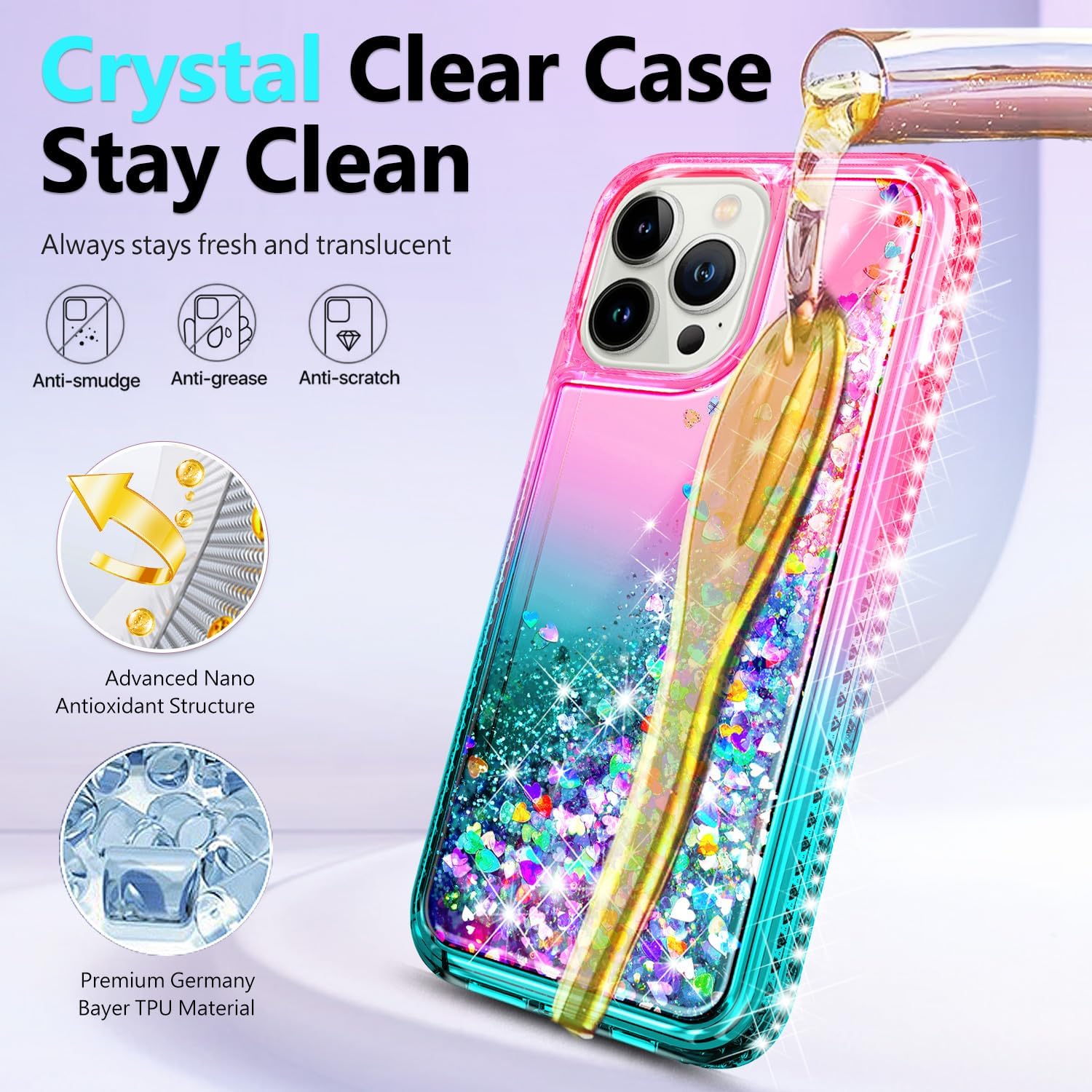 NGB Designed for iPhone 11 Phone Case, Pink/Aqua | Glitter Liquid Sparkle Cute Cover for Women Girls Kids | with Tempered Glass Screen Protector & Ring Holder & Wrist Strap