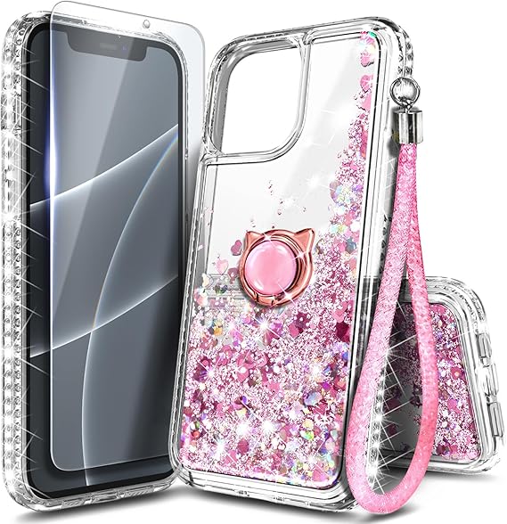 NGB Designed for iPhone 11 Phone Case, Pink/Aqua | Glitter Liquid Sparkle Cute Cover for Women Girls Kids | with Tempered Glass Screen Protector & Ring Holder & Wrist Strap