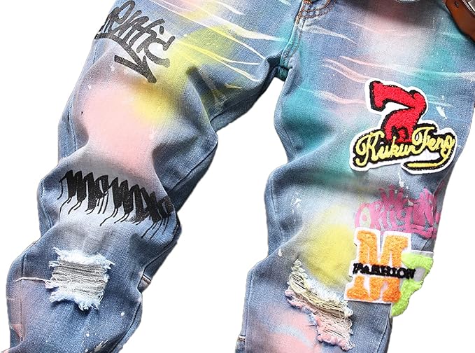 Enrica Men's Ripped Straight Slim Moto Biker Jeans