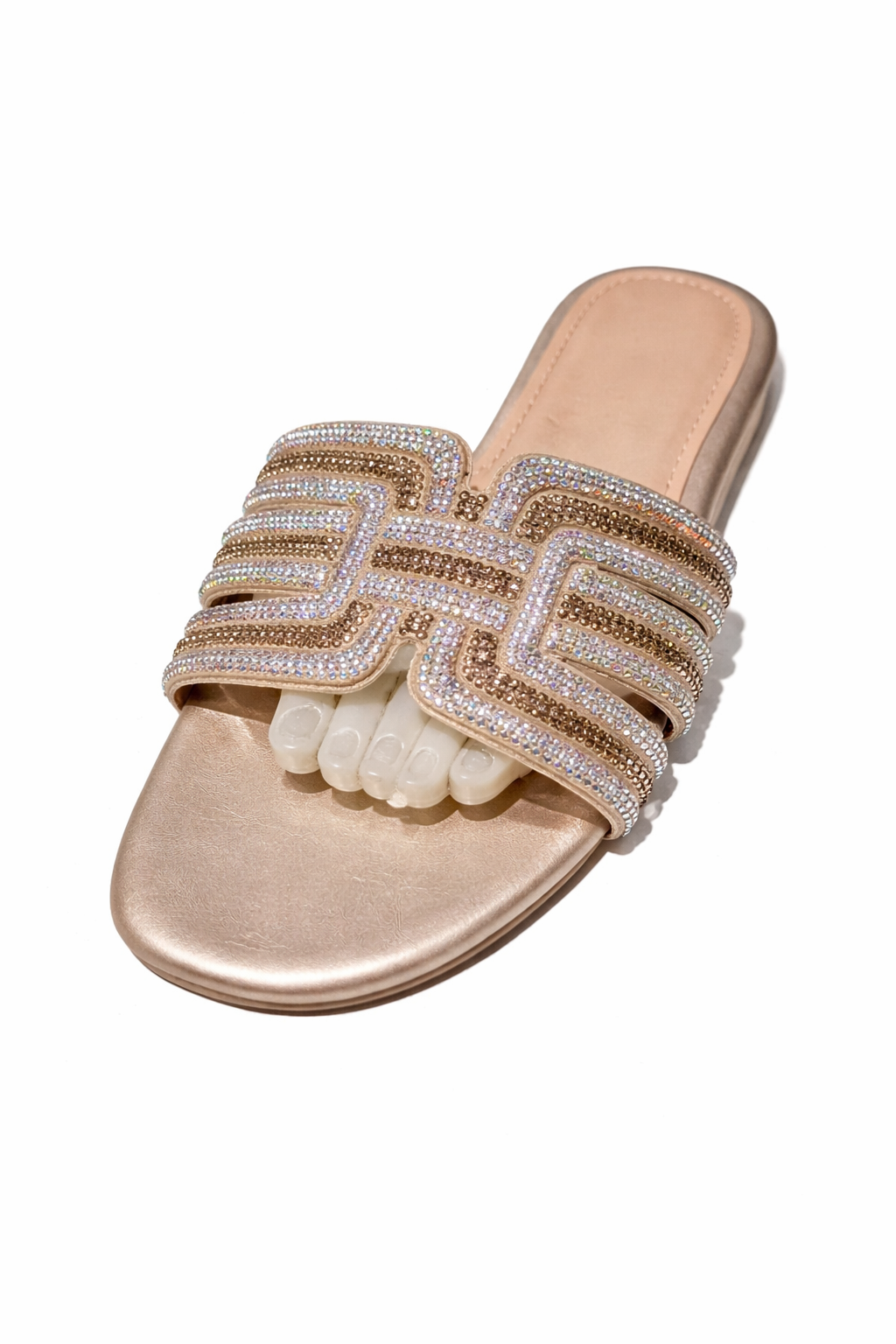 Luxury Rhinestone Slide Sandals – Open Toe Glam Slip-On Flats for Women, Gold Tone Designer-Inspired Slippers