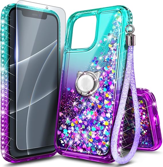 NGB Designed for iPhone 11 Phone Case, Pink/Aqua | Glitter Liquid Sparkle Cute Cover for Women Girls Kids | with Tempered Glass Screen Protector & Ring Holder & Wrist Strap
